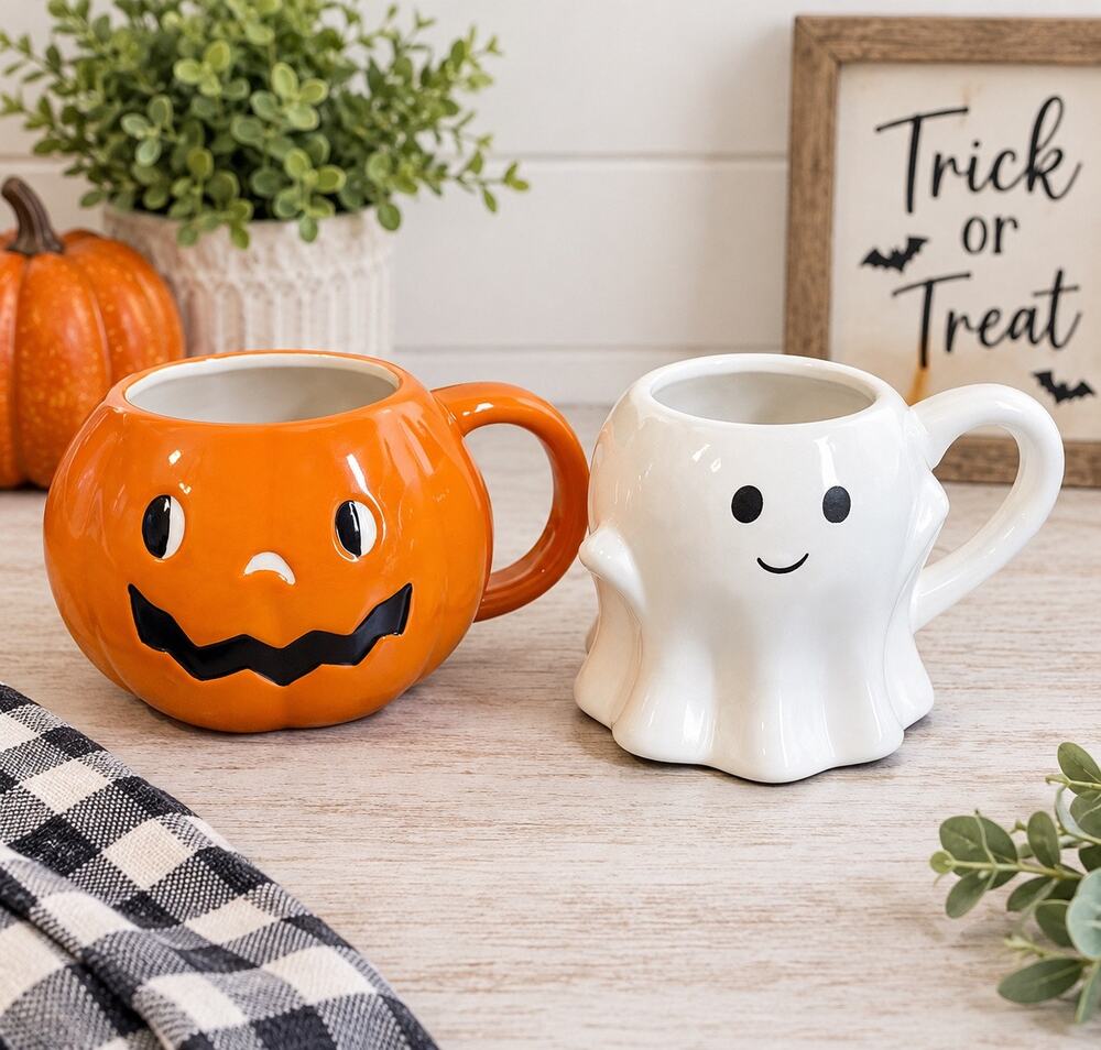 Hyde & Eek! Halloween Pumpkin & Ghost Mug Set of 2 New Spooky Fall Decor